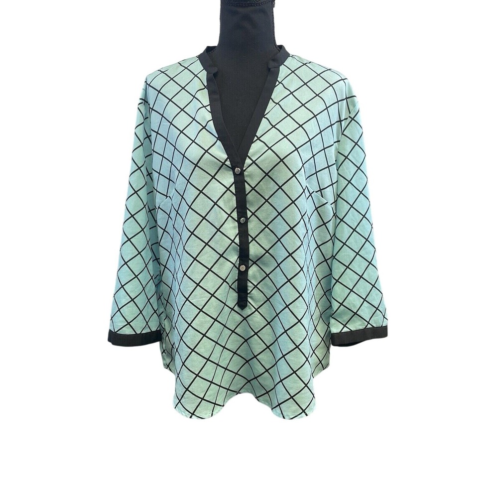 New York & Company Women Blouse Mint Green Diamond Grid XL Business Casual